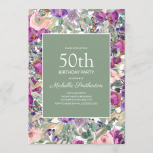 Purple Blush Pink Floral Sage Green 50th Birthday Invitation