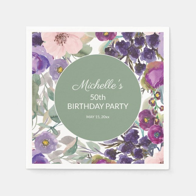 Purple Blush Pink Floral Sage Green 50th Birthday Napkins (Front)
