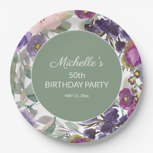 Purple Blush Pink Floral Sage Green 50th Birthday Paper Plates