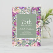 Purple Blush Pink Floral Sage Green 75th Birthday Invitation (Standing Front)
