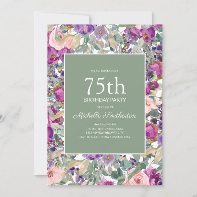 Purple Blush Pink Floral Sage Green 75th Birthday Invitation (Front)