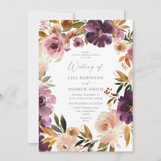 Purple & Blush Pink Floral Wedding Invitation (Front)