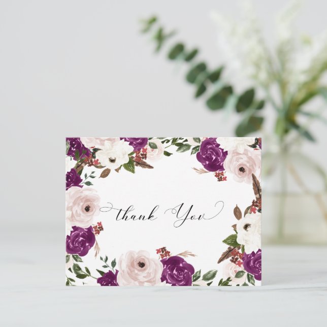  Purple Blush Pink Floral Wedding Thank You Postcard (Standing Front)