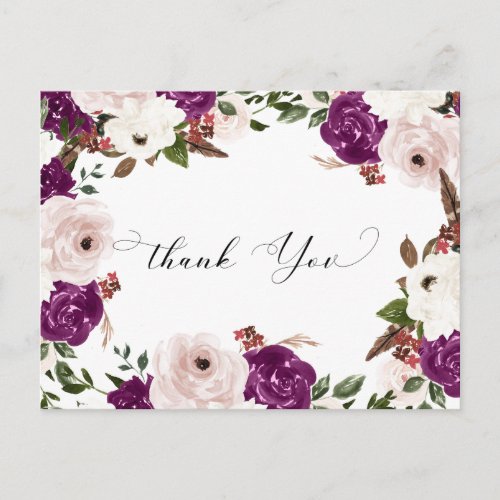  Purple Blush Pink Floral Wedding Thank You Postcard