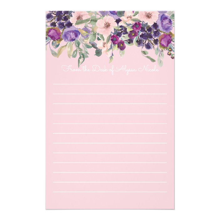 purple blush pink floral white lined stationery zazzle com