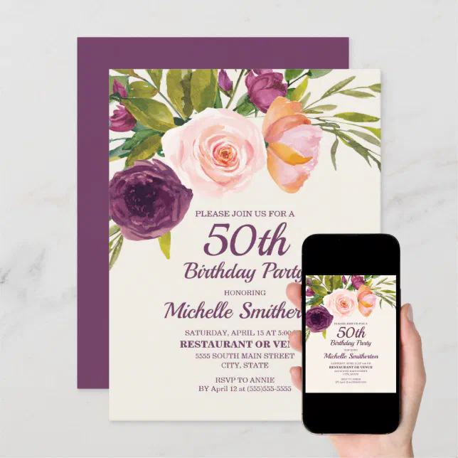 Purple Blush Pink Floral Women's 50th Birthday Card | Zazzle