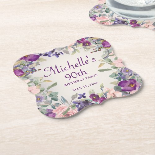 Purple Blush Pink Flowers 90th Birthday Paper Coaster