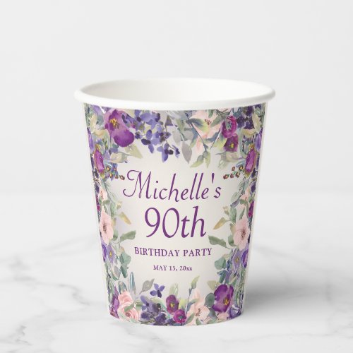 Purple Blush Pink Flowers 90th Birthday Paper Cups