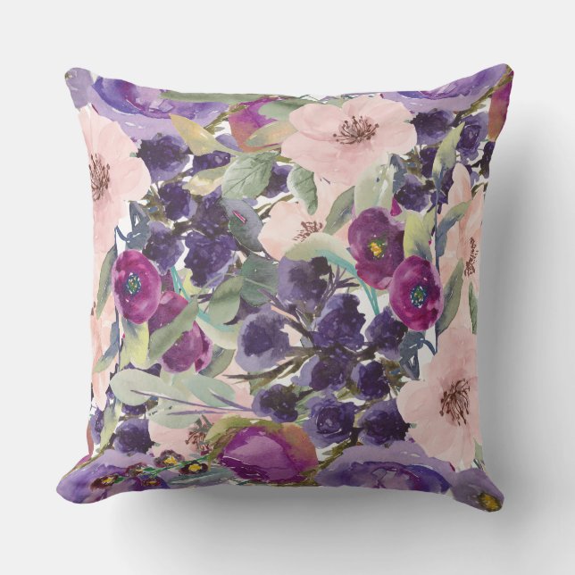 Purple Blush Pink Flowers Boho Botanical Throw Pillow (Front)