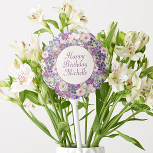 Purple Blush Pink Flowers Happy Birthday Balloon