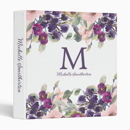 Purple Blush Pink Flowers Monogram 3 Ring Binder