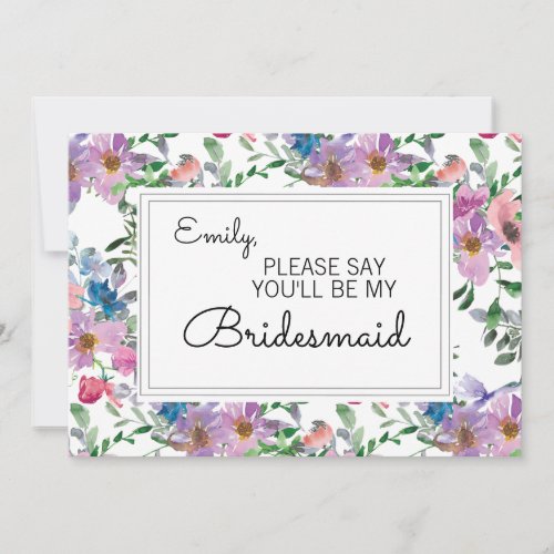 Purple Blush Pink Flowers Watercolor Bridesmaid Invitation