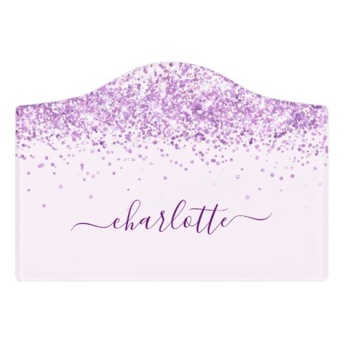 Purple blush pink glitter dust monogram name door sign