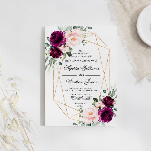 Purple  Blush Pink Rose Floral Wedding Invitation