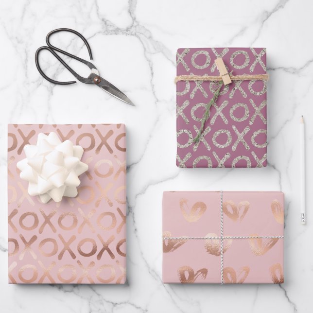 Purple Blush Pink Rose Gold Silver XOXO Wrapping Paper Sheets (Front)