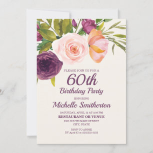 Purple Blush Pink Watercolor Floral 60th Birthday Invitation