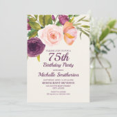Purple Blush Pink Watercolor Floral 75th Birthday Invitation (Standing Front)