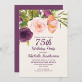 Purple Blush Pink Watercolor Floral 75th Birthday Invitation (Front/Back)