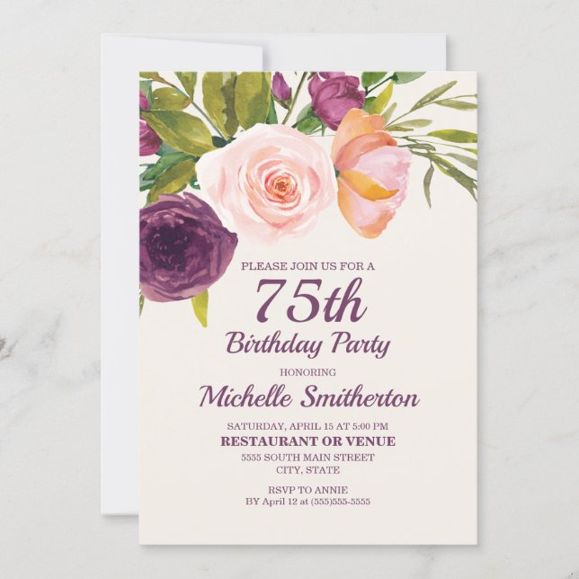 Purple Blush Pink Watercolor Floral 75th Birthday Invitation (Front)