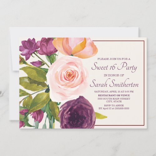 Purple Blush Pink Watercolor Floral Cream Sweet 16