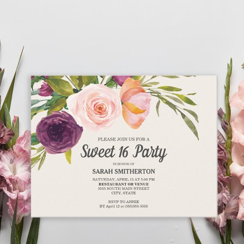 Purple Blush Pink Watercolor Floral Ivory Sweet 16 Postcard