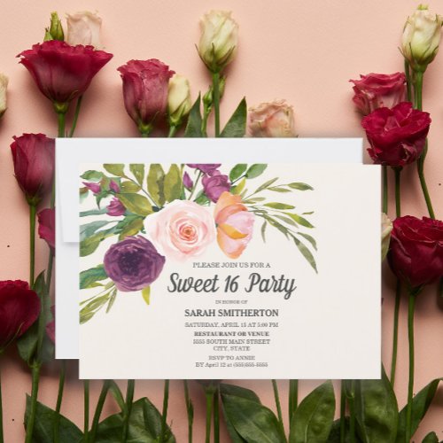 Purple Blush Pink Watercolor Floral Sweet 16