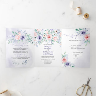 Purple & Blush Pink Watercolor Floral Wedding Tri-Fold Invitation