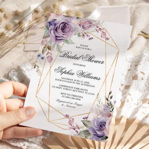 Purple  Blush Rose Flowers Bridal Shower Invitation