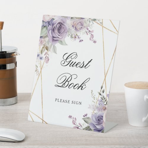 Purple  Blush Rose Flowers Shower Guest Book Sign