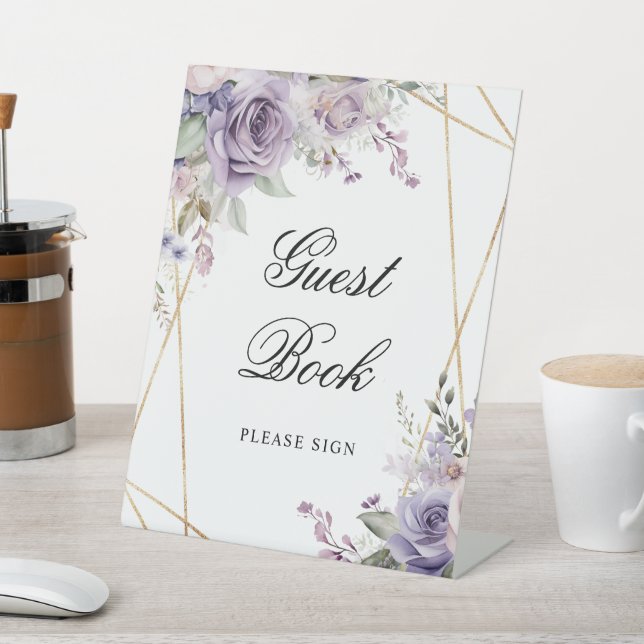 Purple & Blush Rose Flowers Shower Guest Book Sign (In SItu)