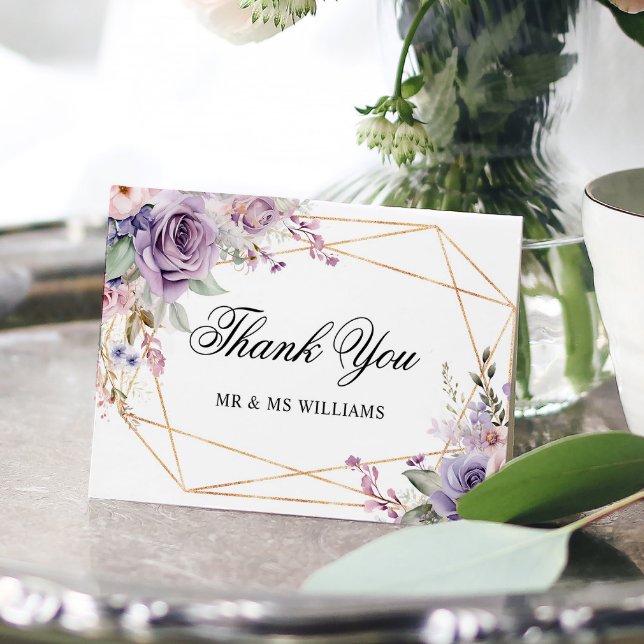 Purple & Blush Rose Flowers Wedding Thank You Card (Creator Uploaded)