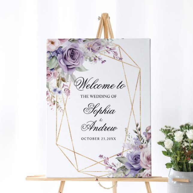 Purple & Blush Rose Flowers Wedding Welcome Sign (Creator Uploaded)