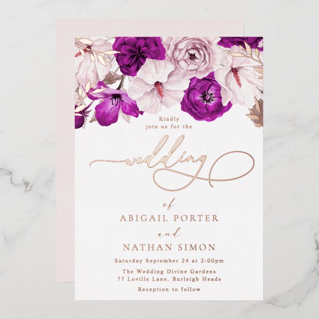 Purple Blush & Rose Gold Foil Wedding Foil Invitation (Front/Back)