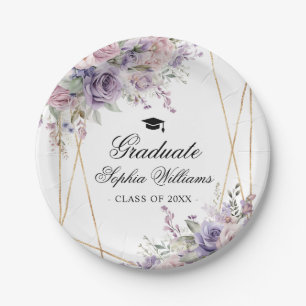 Purple & Blush Rose Graduation Party Girly Floral Paper Plates