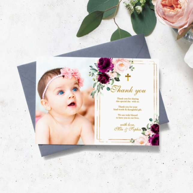 Purple & Blush Rose Photo Baptism Thank You Card (Creator Uploaded)