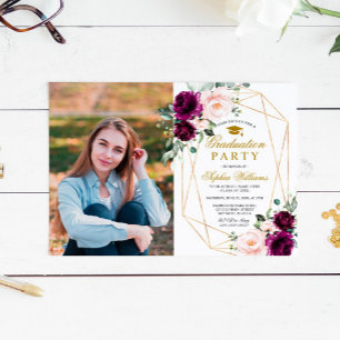 Purple & Blush Rose Photo Graduation Party Invitation