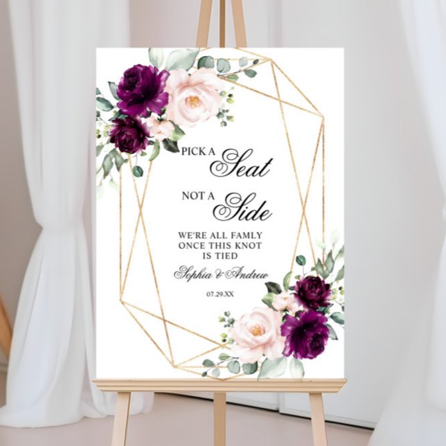 Purple & Blush Rose Pick A Seat Not A Side Wedding Foam Board (Creator Uploaded)
