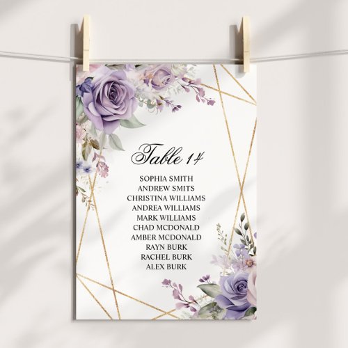 Purple  Blush Rose Wedding Seating Chart Cards