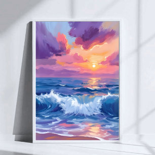Purple Blush Sunset Ocean Glimmer Watercolor Poster