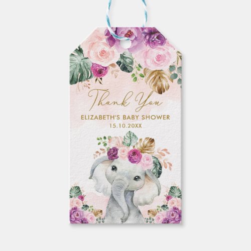 Purple Blush Tropical Flower Elephant Baby Shower Gift Tags