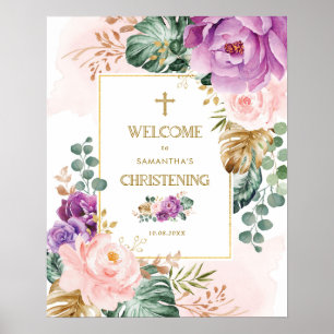 Purple Blush Tropical Flowers Greenery Christening Poster
