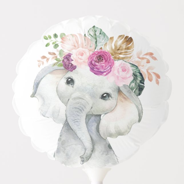 Purple Blush Tropical Greenery Elephant Birthday Balloon (Front)