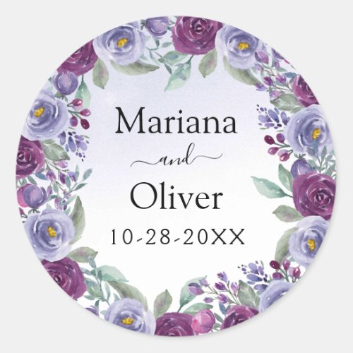 Purple Blush Watercolor Floral Wedding Classic Round Sticker