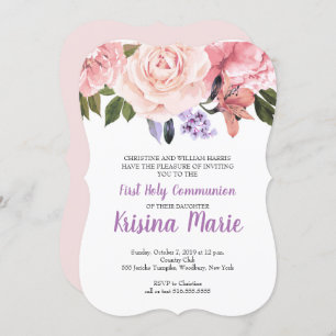 Purple, Blush, White Floral First Holy Communion Invitation