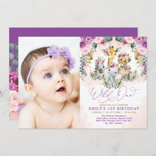 Purple Blush Wild One Jungle Animals 1st Birthday Invitation