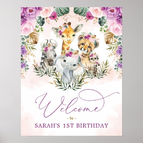 Purple Blush Wild Safari Animals Birthday Welcome Poster