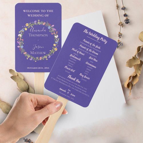 Purple Blush Wildflowers Floral Wedding Program  Hand Fan