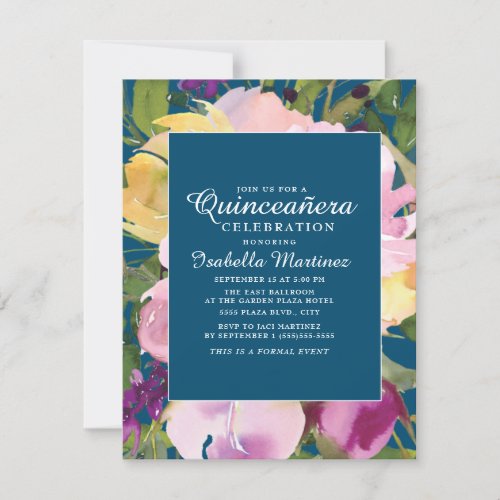 Purple Blush Yellow Floral Navy Blue Quinceaera Invitation