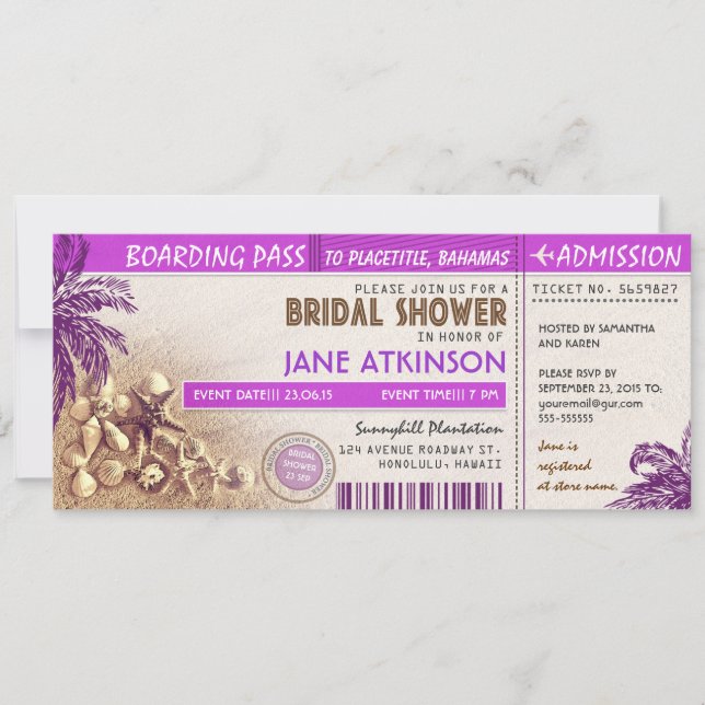 purple boarding pass tickets for Bridal Shower Invitation (Front)