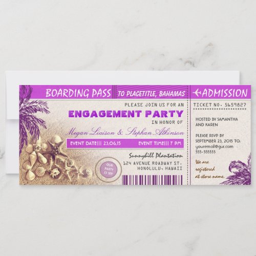 purple boarding pass tickets for Engagement Party Invitation